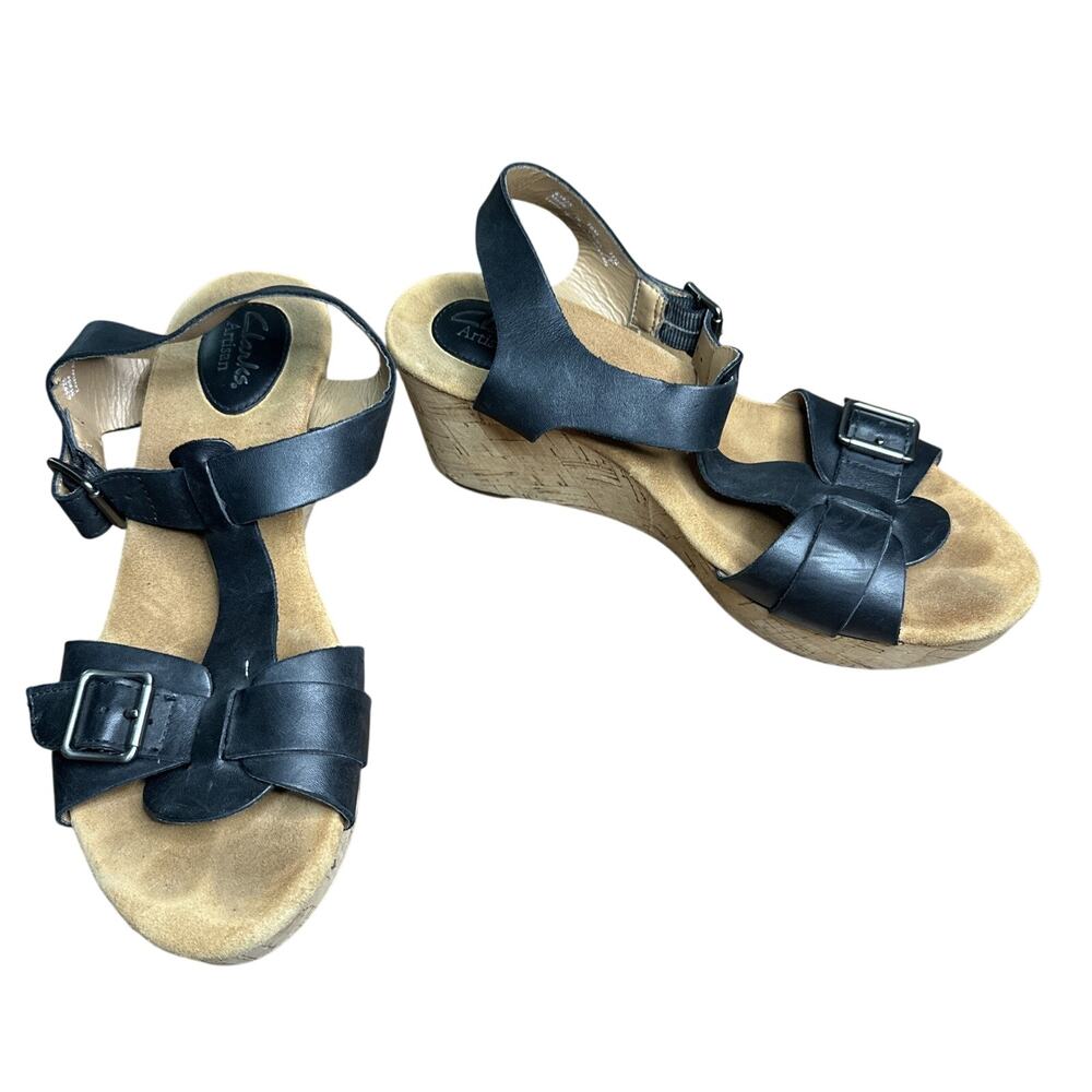 Clarks Artisan Sandal Women's 10M Black Strap Leather Cork Wedge Heel Shoe 63925